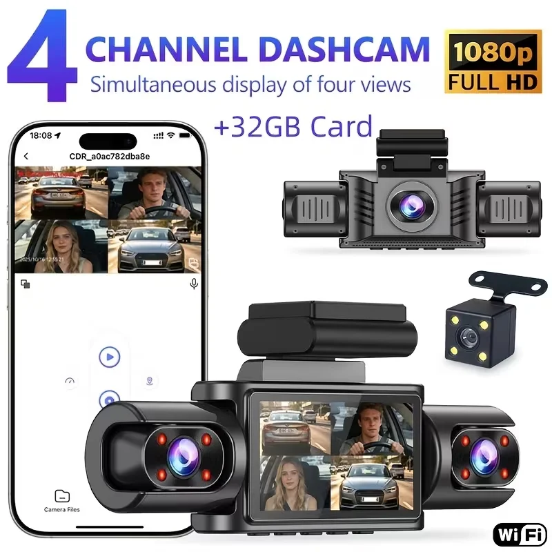 4 Channel WiFi 360° Panoramic Dash Cam, 1080P IR Night Vision 170° Wide Angle, G-Sensor 24H Parking Monitor