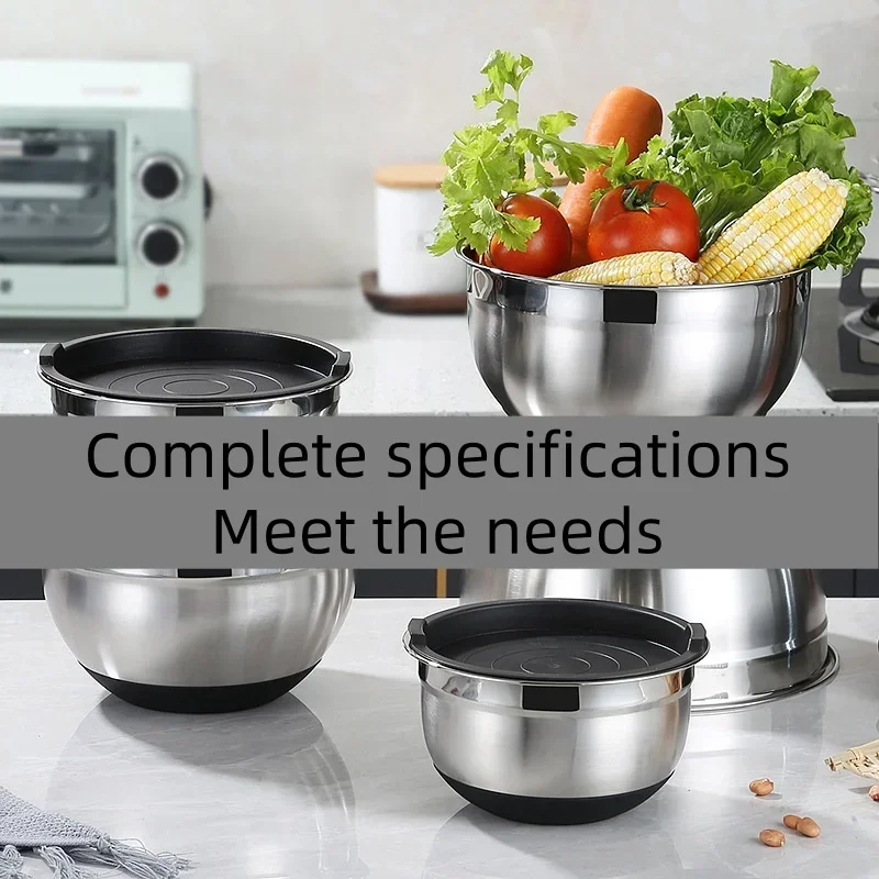 1/6PCS Silicone Bottom Thickened with Lid Cooking Basin Stainless Steel Egg Beating Basin Salad Mixing Basin Kitchen Baking