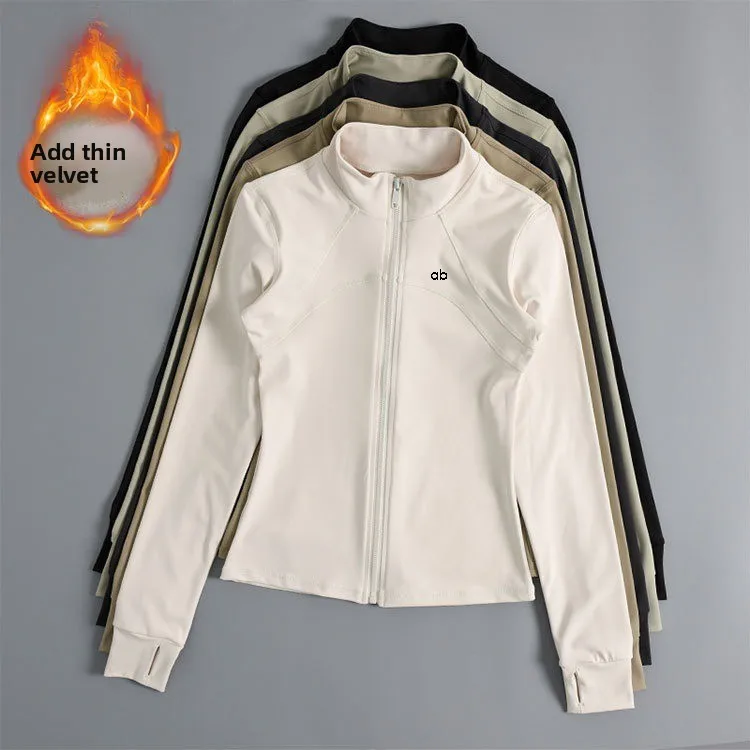 Winter Women Fleece Stand‑Collar Yoga Jacket Windproof Slim Stretch Long Sleeve Top For Running Gym Fitness Workout