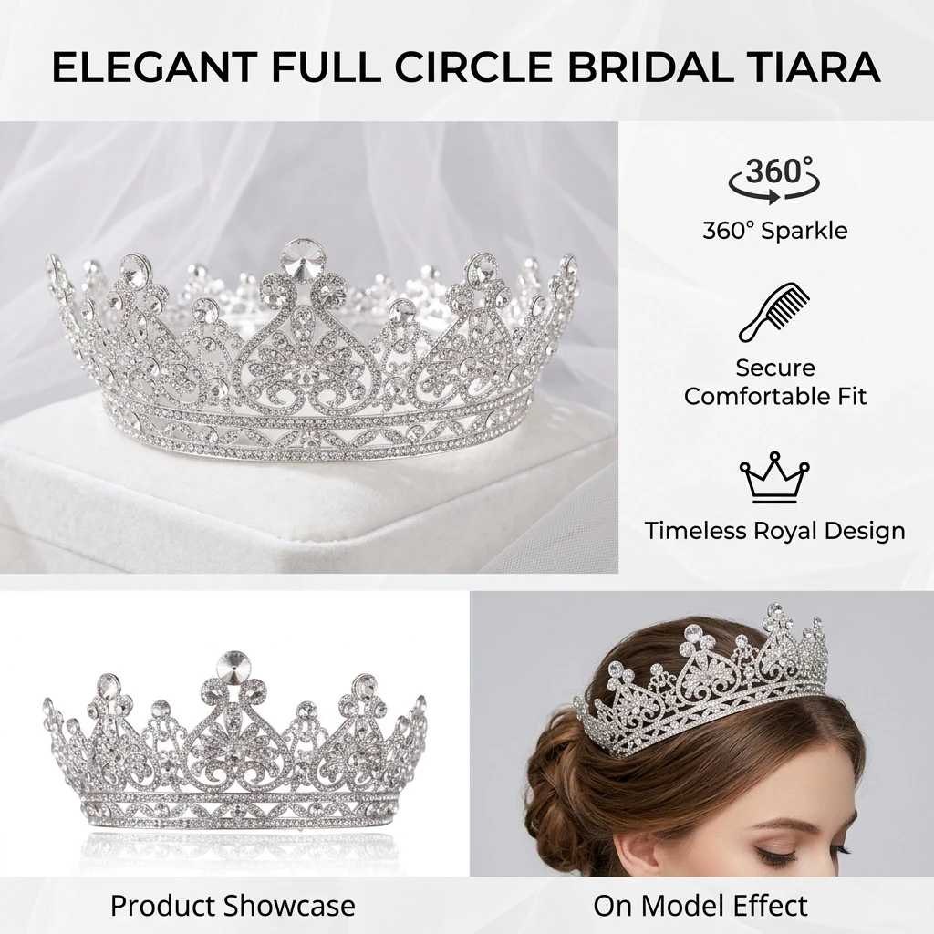 Sparkling Rhinestone Bridal Tiaras Full Round European Style Wedding Crown for Brides Ceremony Party Photoshoot Hair Jewelry view 6