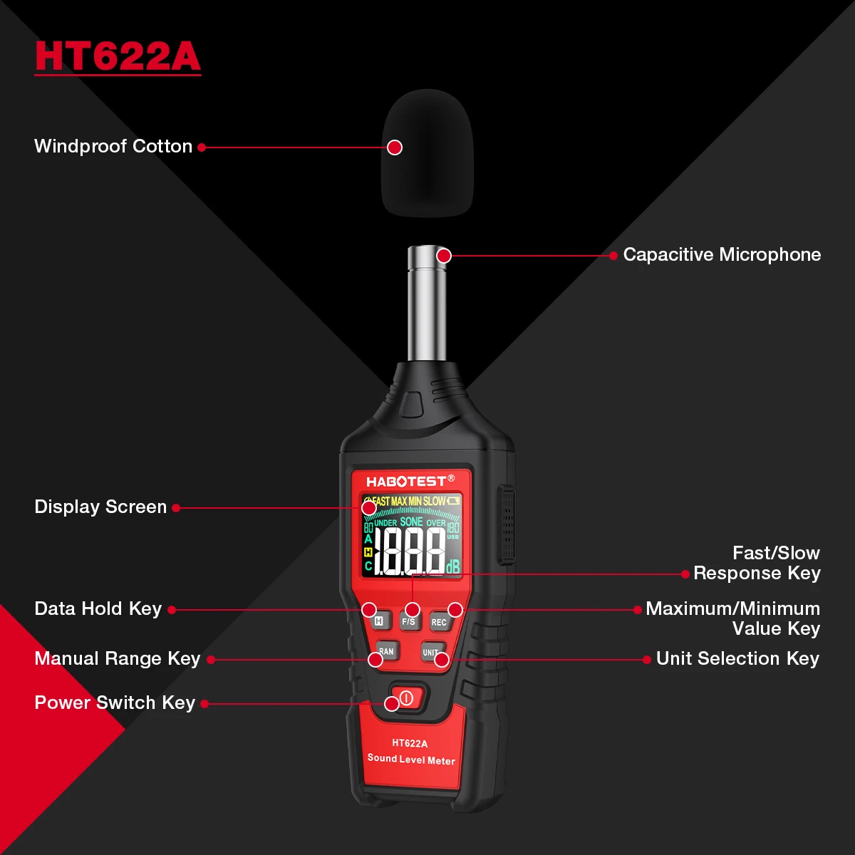 HABOTEST HT622 Цифровой измеритель уровня звука Тестер шума Детектор звука Децибельный монитор 30-130 дБ с функцией подключения USB-даний