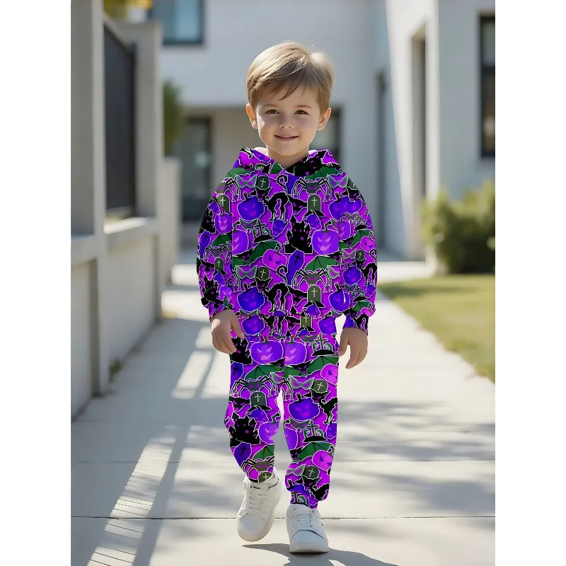 Boys Hoodie Jogger Set: Pumpkin Tombstone Spider Print, DNA Text Graphic, Moon Bat Gradient Kids Tracksuit