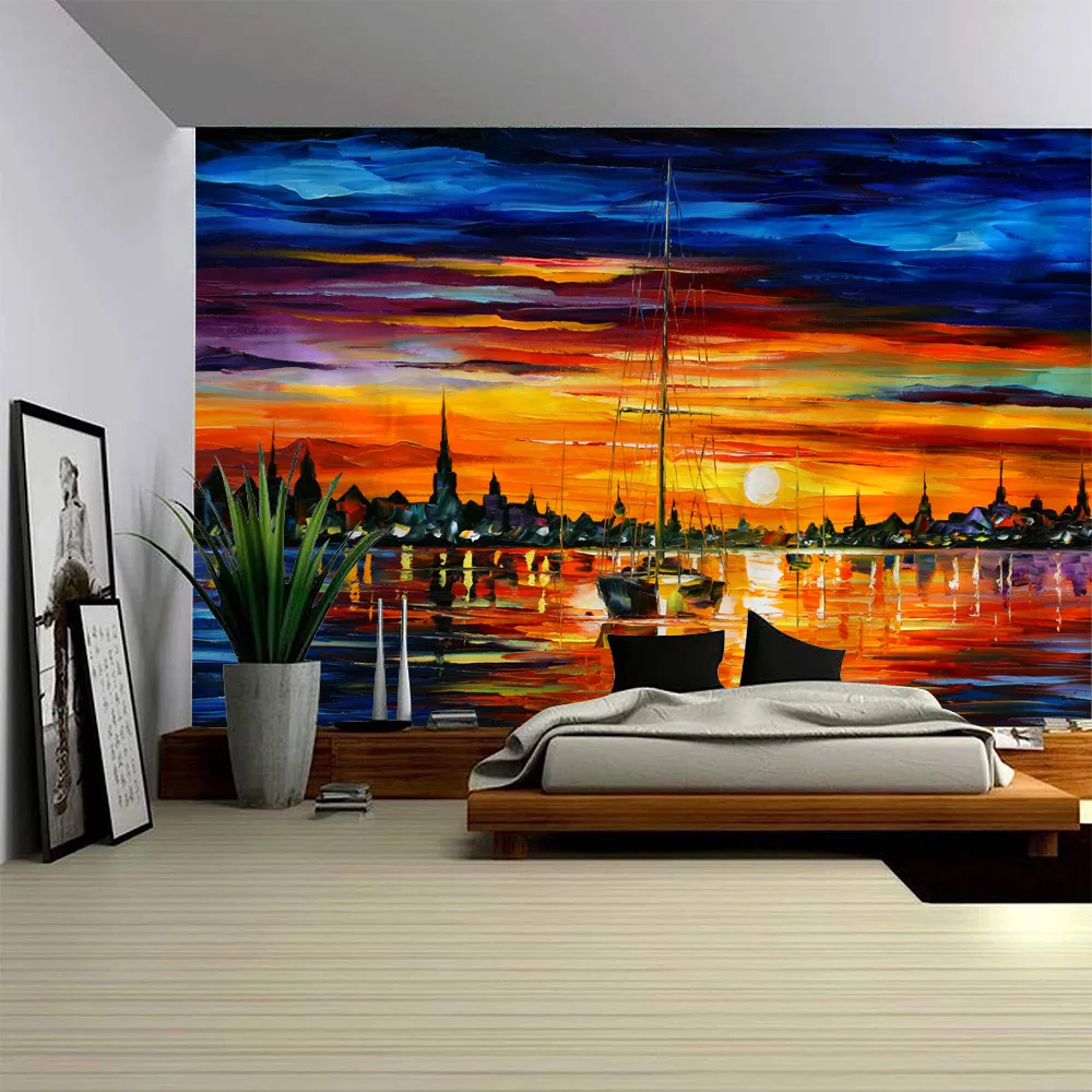 Colorful forest tapestry, sunrise and sunset, oil painting, wall hanging cloth, Bohemian art decoration, room wall decoration