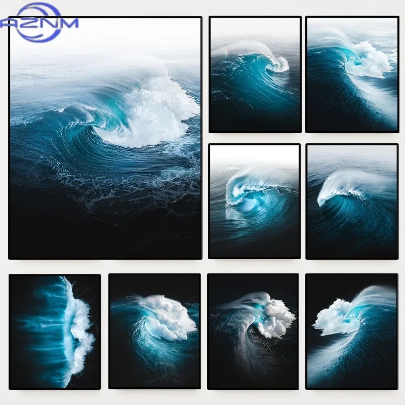 Modern Ocean Wave Photography Poster Minimalist Coastal Beach Seascape Canvas Painting Wall Art for Living Room Home Decor Mural