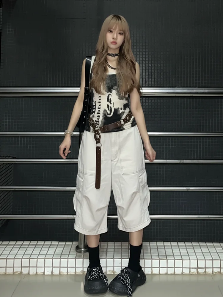 ReddaChic Boyfriend Cargo Jean Shorts Women Cleanfit Pleated Denim Shorts Low Rise Loose Straight Bermuda Pants Retro Streetwear