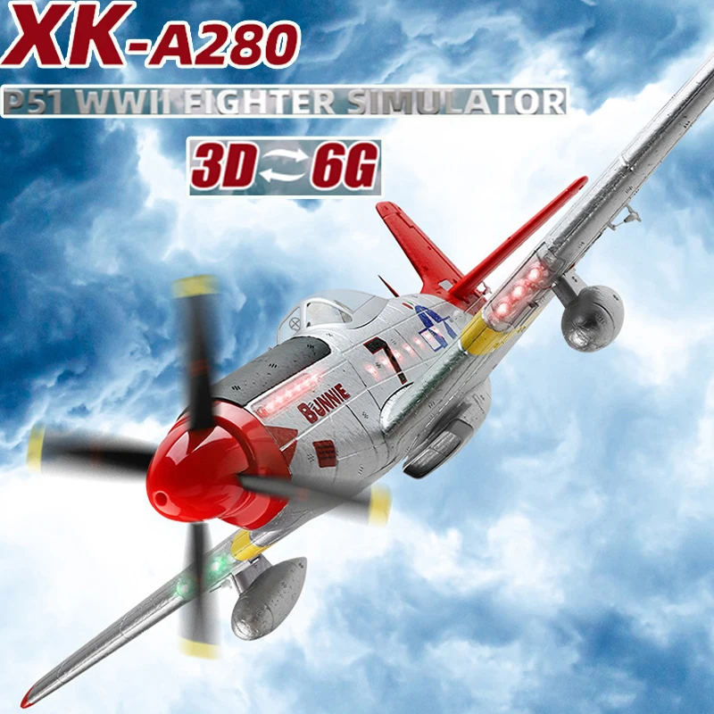 XK A280 RC Vliegtuig 2.4G 4CH 3D6G Modus Vliegtuigen P51 Vechter Simulator met LED Zoeklicht RC Vliegtuig Speelgoed voor kinderen Volwassenen