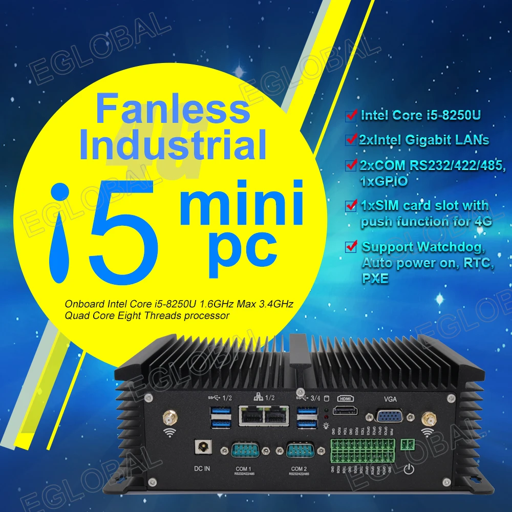 EGLOBAL Fanless Industrial MINI PC Intel Core i7-8550U/7500U 2x RS-232 Serial Ports Dual GbE LAN Support WiFi Windows11 Linux PC