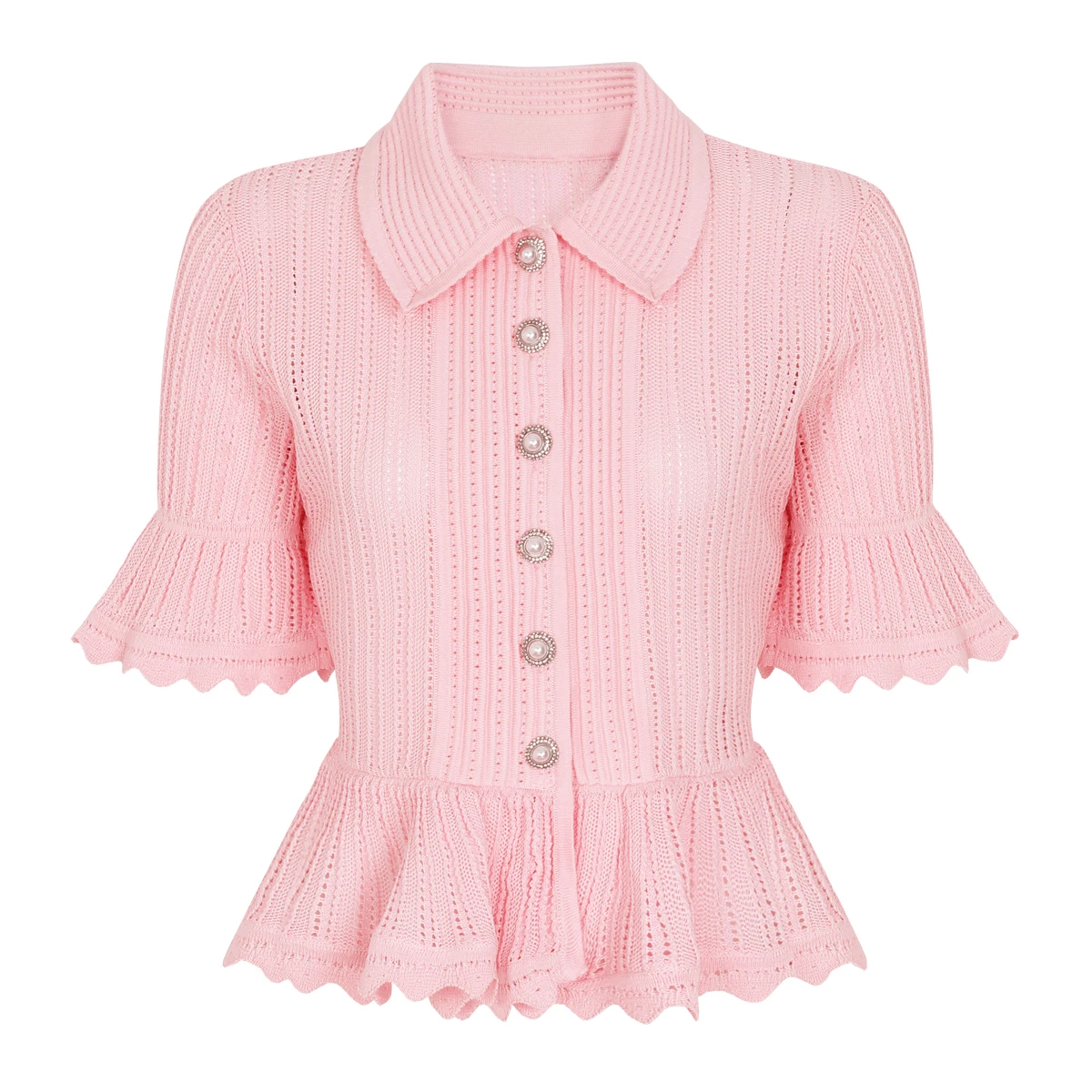 

26157 High-Quality Summer New Fashionable Women's Pearl Button Knitted Heavy Lace Lapel Short Sleeved Top Cardigan