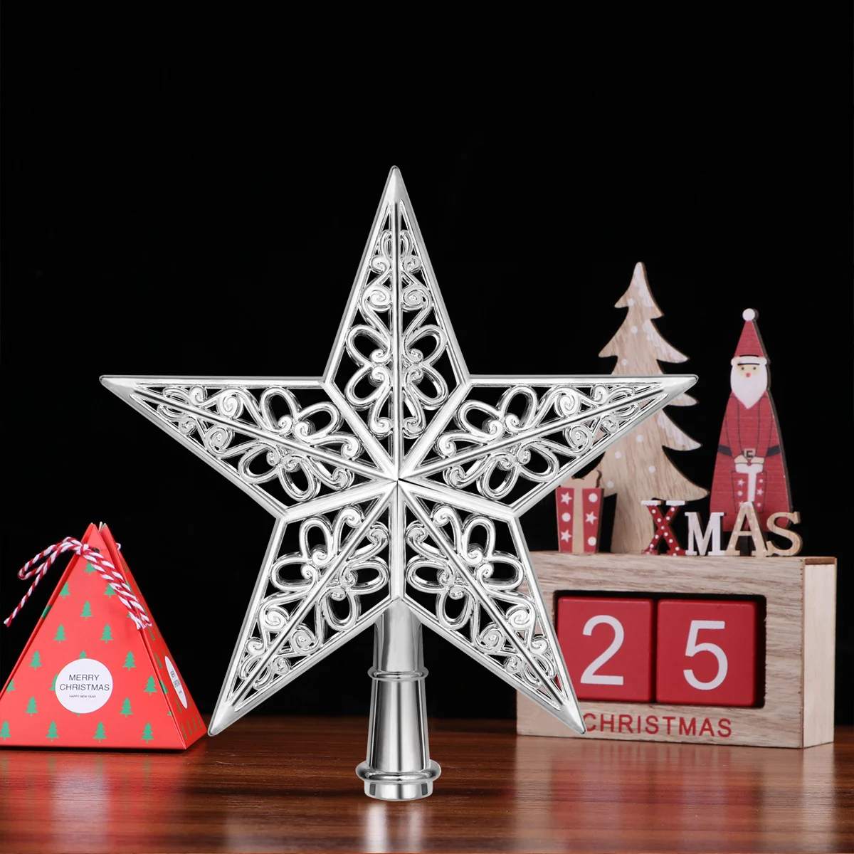 

Christmas Tree Star Sparkle Hollowed-Out Silver Glitter Xmas Tree Topper Ornament Decoration for Home Party Decor
