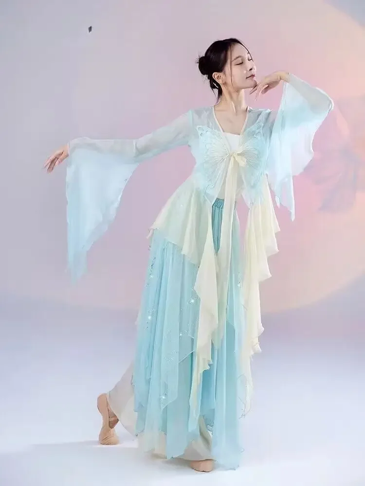 Chinese style folk dance classical dancer performance costumes elegant cardigan practice clothes body rhyme long outer gauze