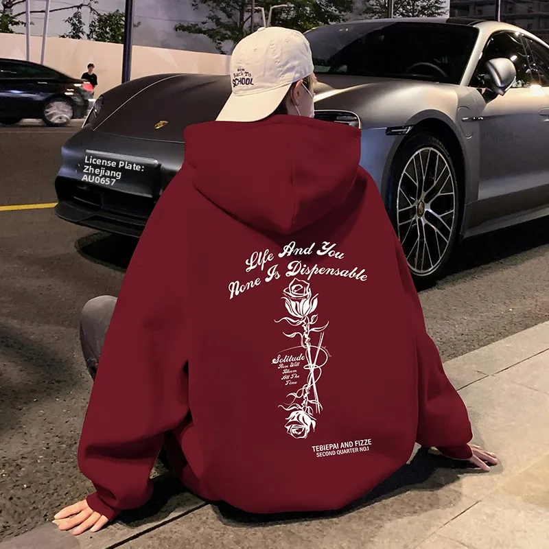 

Rose Print Cotton Sweatirt Men's Loose Fit Spring Autumn Casual Streetwear Hoodie Jaet Couple's Sle Comfortable Sweatirt