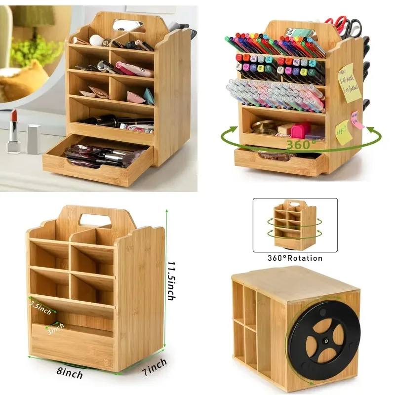 Bamboo pen holder storage box 360 ° rotating art supplies storage box, new