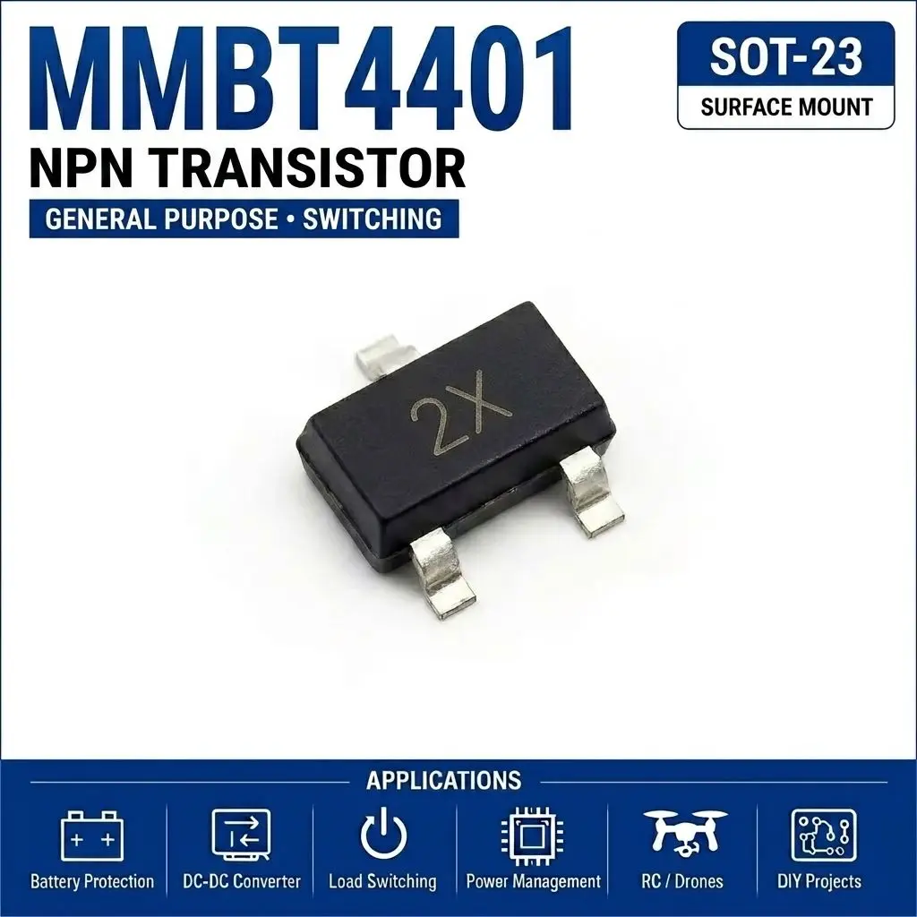 (100 pcs) MMBT4401 (Marking 2X) SOT-23 - NPN Transistor 40V 600mA 250MHz