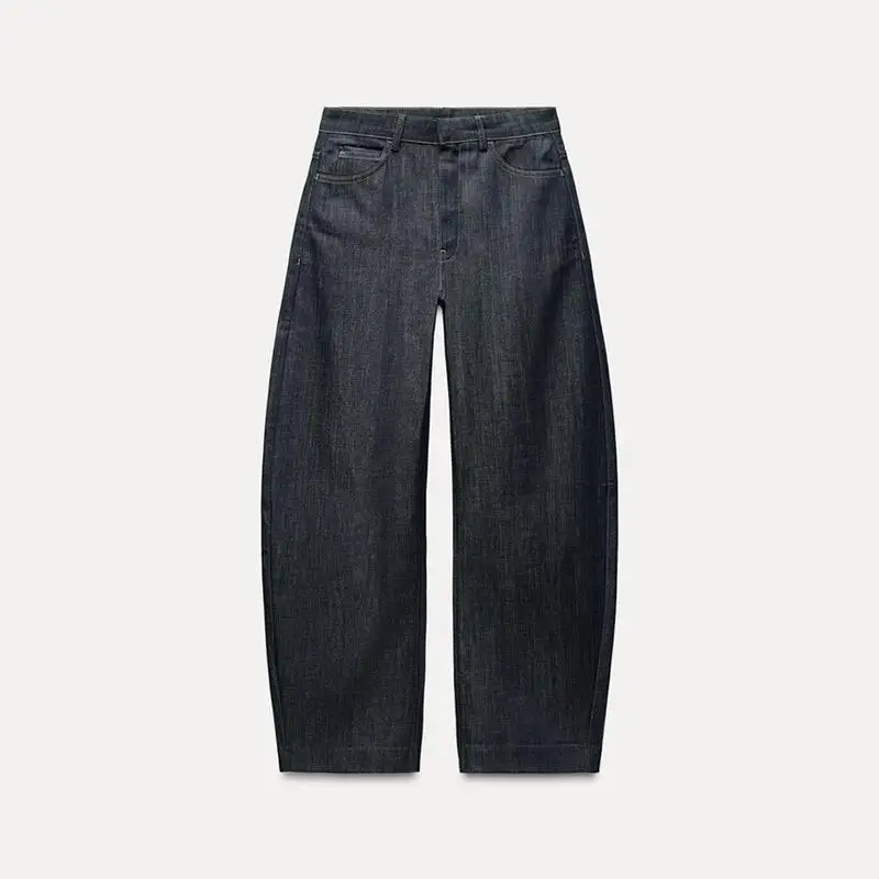 Denim damespakset met diepe V-corsetblazer en broek met wijde pijpen, stijlvol voor stedelijke mode en formele gelegenheden