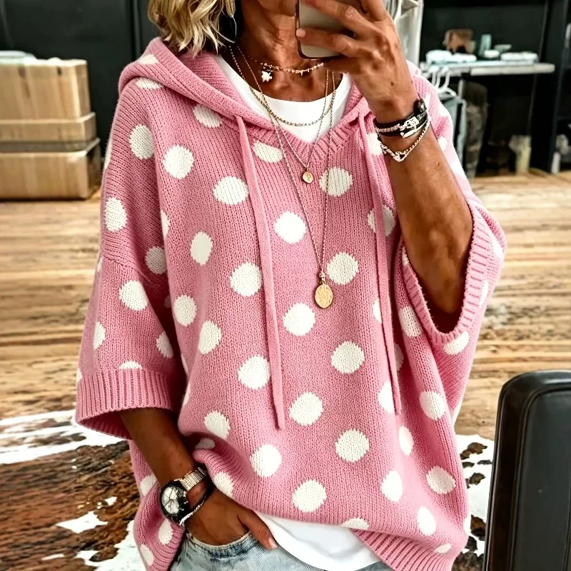 2026 New Polka Dot Hoodie Women Loose Casual Knit Pullover Spring Fall Sweater Top Elegant