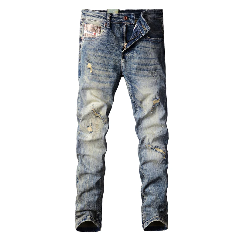 Fashion Designer Men Jeans Retro Yellow Blue Elastic Slim Ripped Jeans Men Trousers Patchwork Vintage Casual Denim Pants Hombre