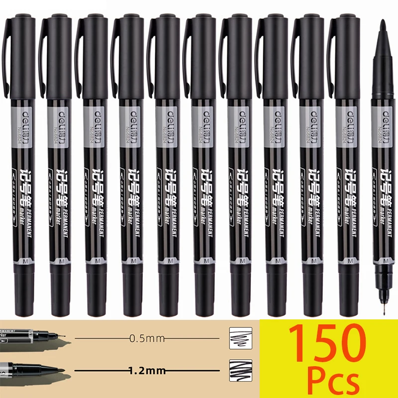 150Pcs Waterproof Fine Point Dual Tip Permanent Markers Black Art Marker Pens for School Office Stationery