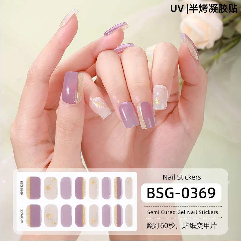 16 Strips Semi-Uithardende Gel Nagelstickers 3d Bronzing Gel Nagel Patches Volledige Pasta Stickers Uv Baklamp Nodig