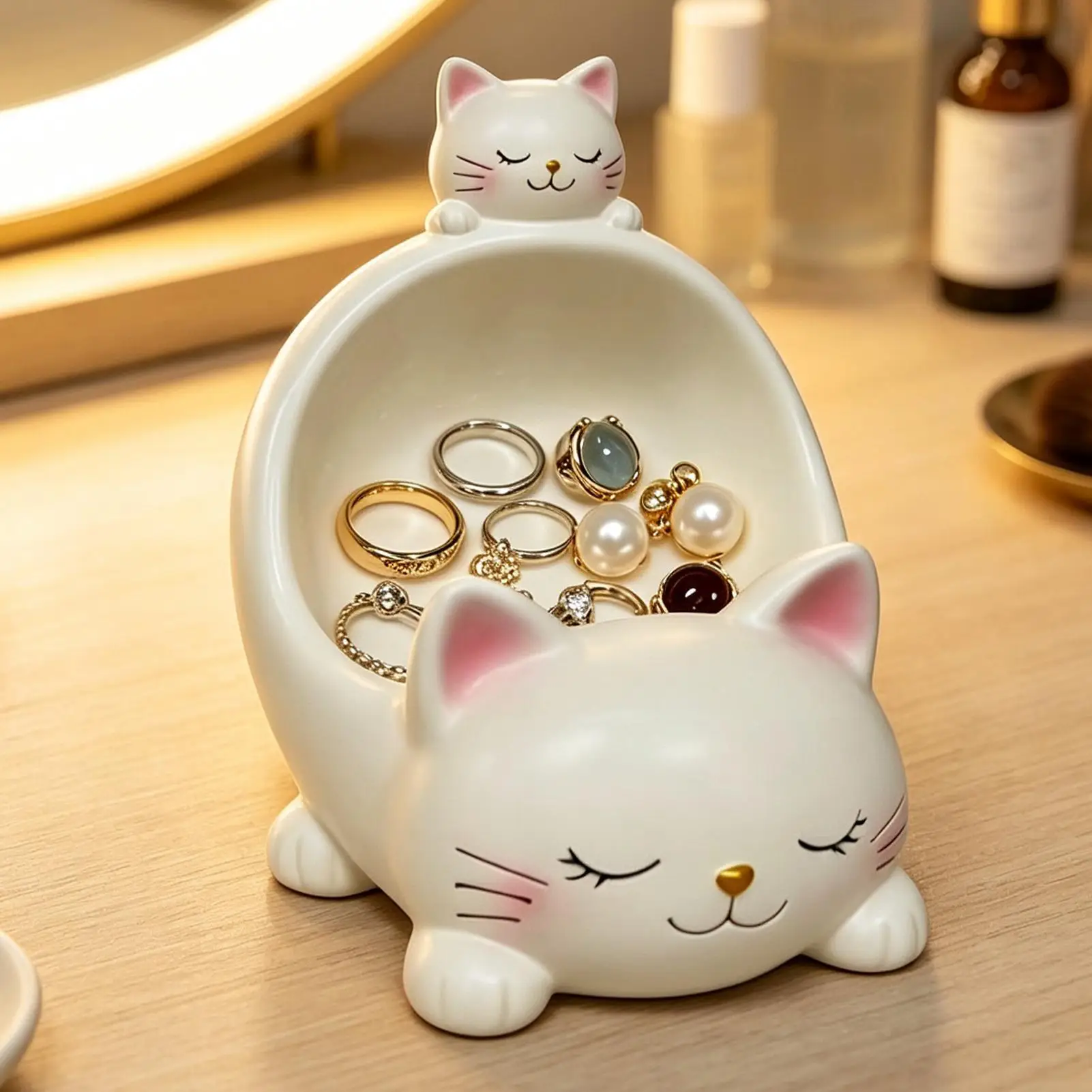 Small Jewelry Dish Resin Cute Cat Figurine Home Decor Decorative Ring Holder For Watches Hair Clips Coin Rings Necklace Earrings
