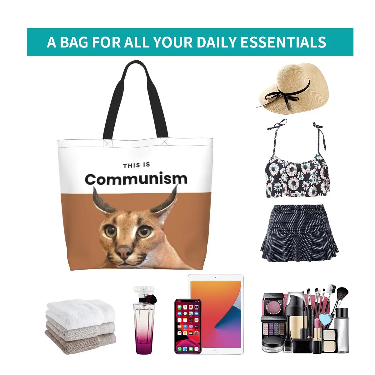 Custom Communism Floppa Cute Meme Shopping Canvas Bag Women Durable Large Capacity Grocery Caracal Cat Tote Shopper Bags