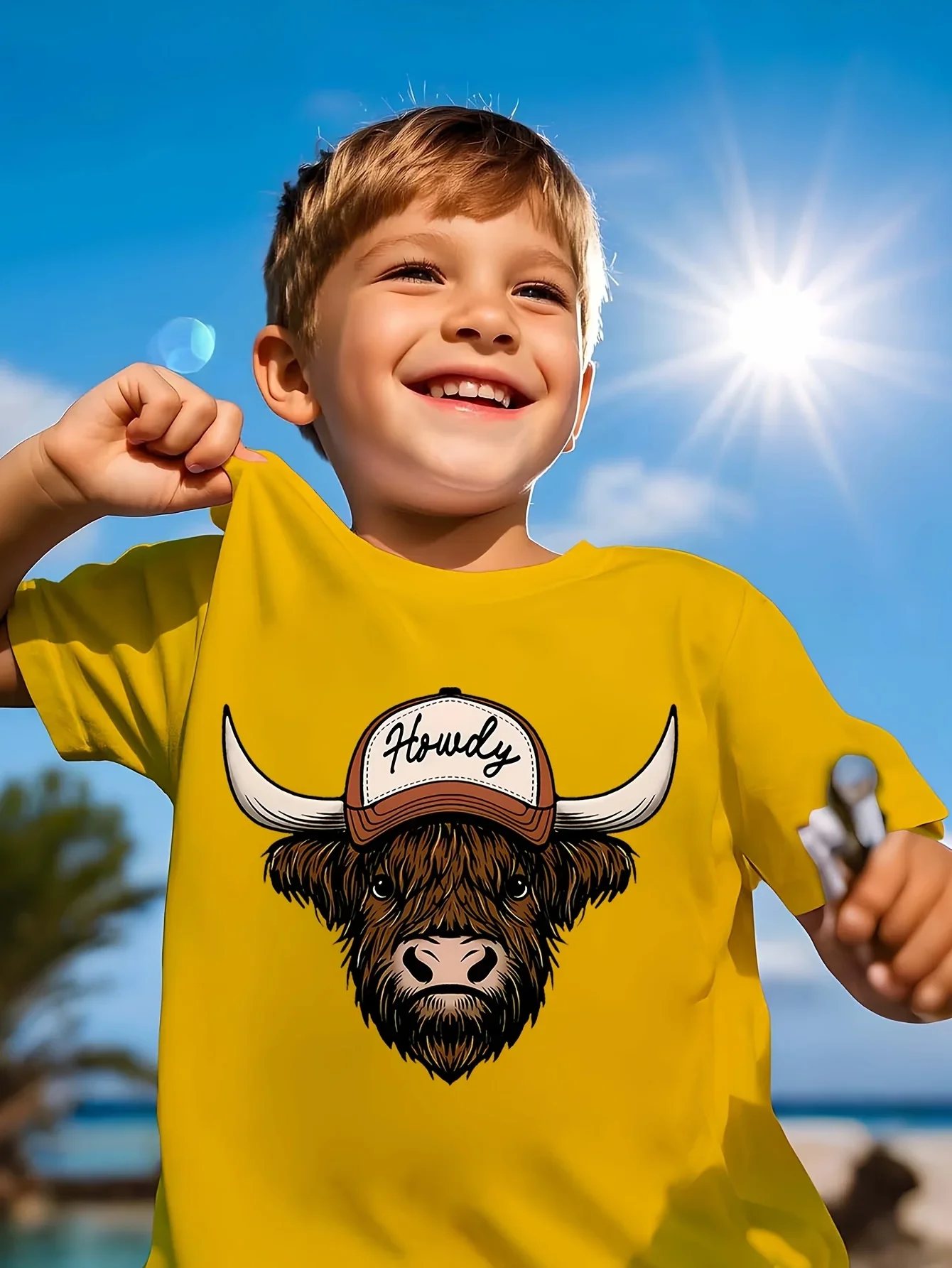Howdy Letter Cap Wearing Highland Cow Head Graphic Short Sleeve Western Cowboy Style Print Casual Daily Top For Kids Boys Girls