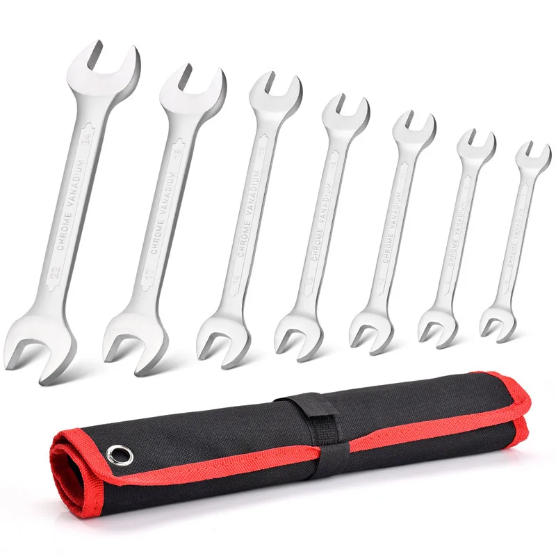 

Double Open End Wrench Set, 7-Piece Metric 6-24mm Chrome Vanadium Steel Wrench Set with Rolling Pouch