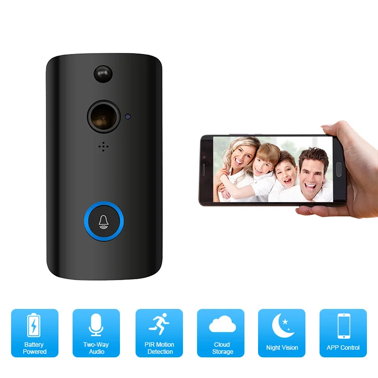 Visual Intercom Black WiFi Doorbell Camera With PIR Motion Detection