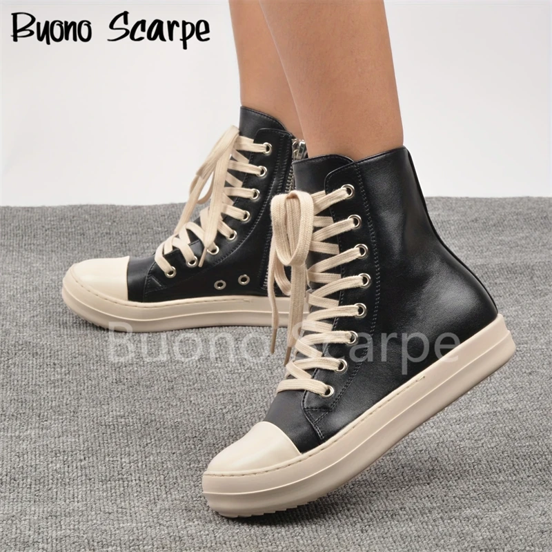 Sapatilhas de couro de cano alto para mulheres, sapatos vulcanizados, sapatos esportivos planos, zip casual, designer preto, tamanho grande