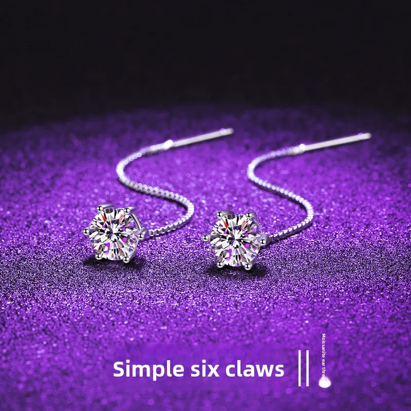

S925 Silver White Gold Plated 1CT D Color Moissanite Ear Threader with Integrated Tassel Drop Earrings for Women