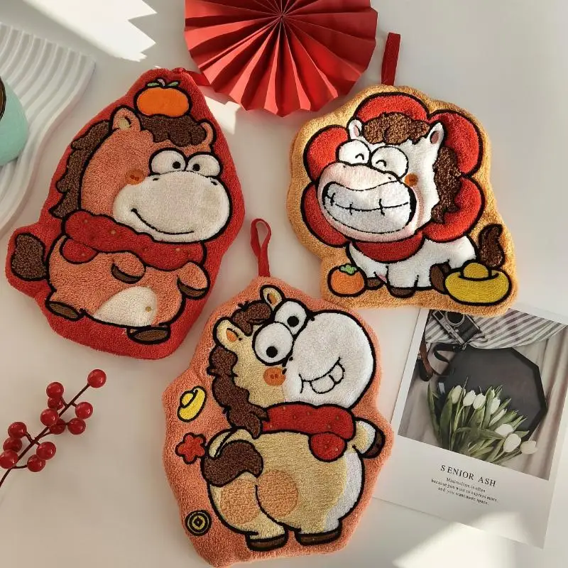 New Year Lucky Pony Cute Cartoon Horse Hand Towel Thick Absorbent Coral Fleece Hanging Towel For Kitchen Bathroom Handkerchief