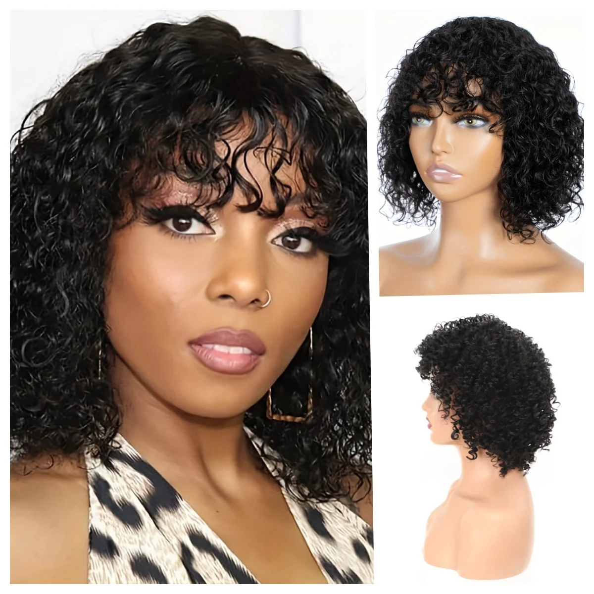 

Fully Machine-Made Wig - Human Hair Wavy Curls (with Bangs), Suitable for Various Occasions