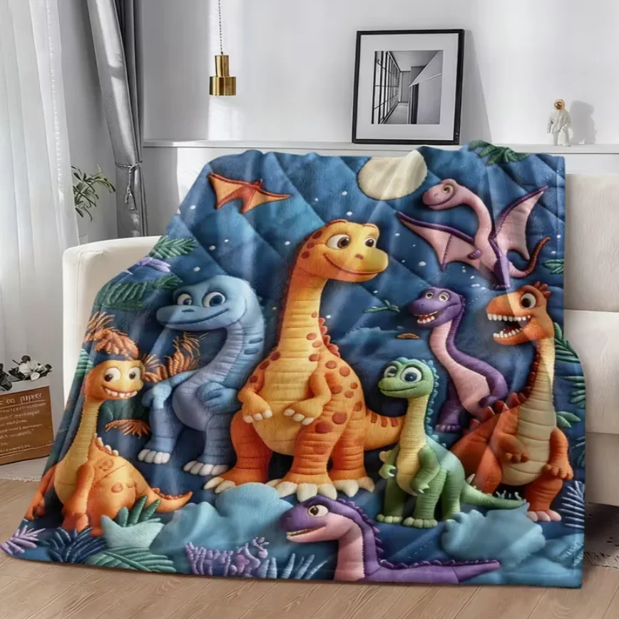 1pc Colorful Dinosaur Cartoon Theme Flannel Blanket| Dark Blue Night Background Matching 3D Style Dinosaur Digital Printing