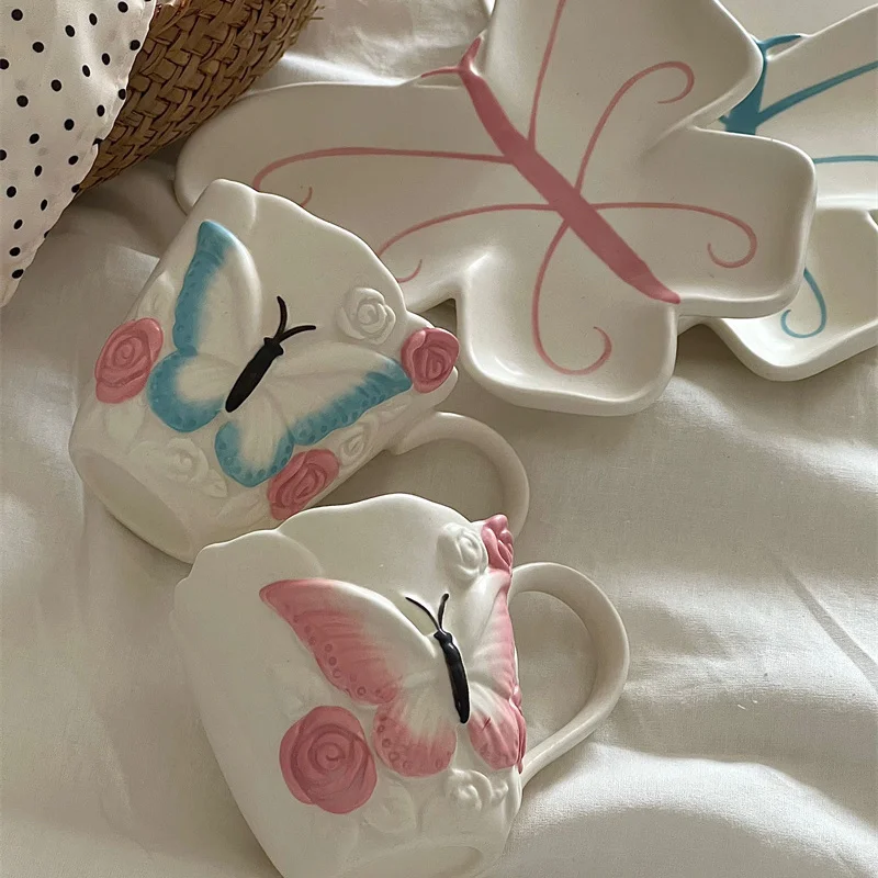 Hand Drawn Ceramic Coffee Cups Plates Creative Three-dimensional Butterfly Coffee Cups Retro Home Afternoon Tea Mugs Niche Gifts