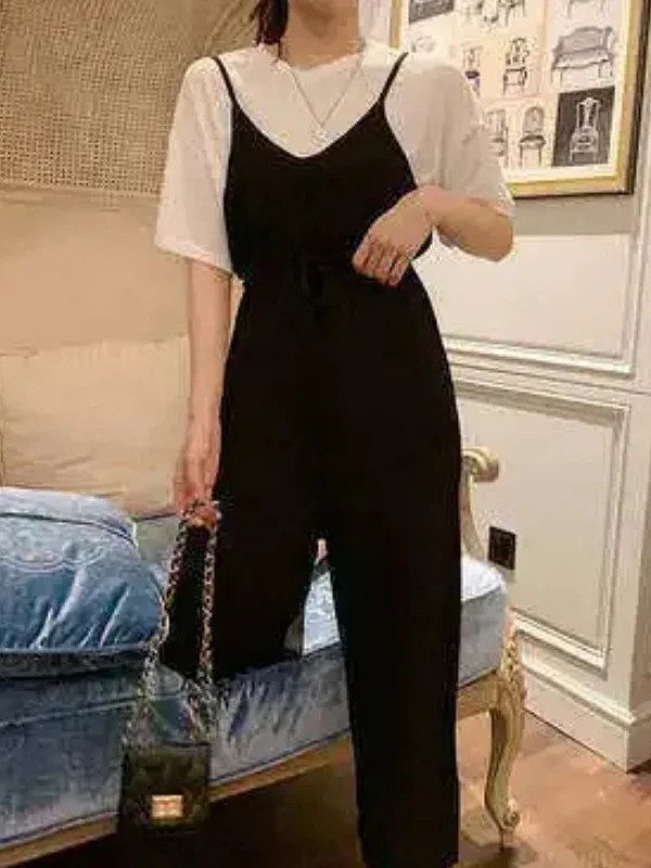 

Slimming Summer Outfit Women's plus Size Short Sleeve Overalls Two-Piece Set Fashionable Meat Covering Trendy round Neck Pull...