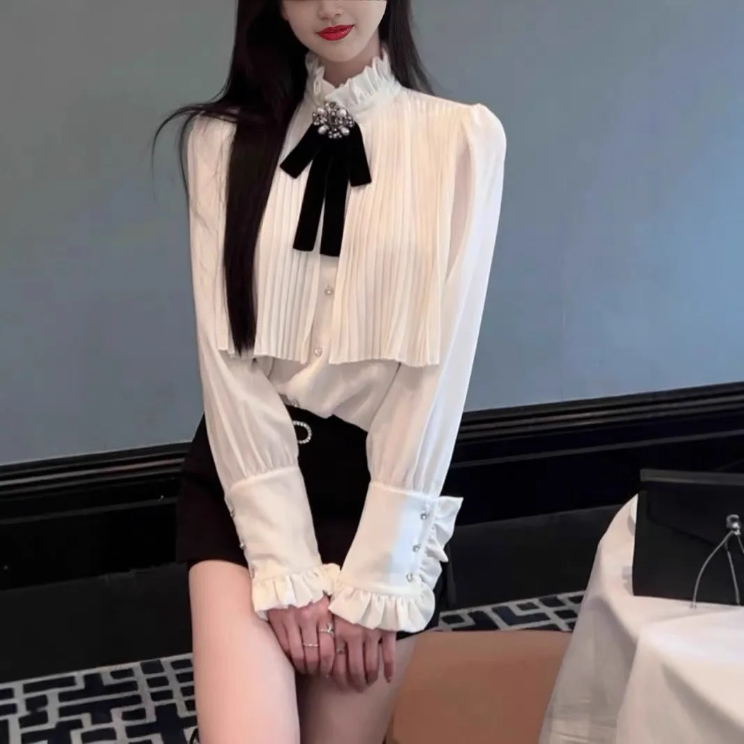 Femmes col montant bulle Sve irt plissé vêtements intérieurs printemps automne nouveau Sle confortable extensible longue Sve Blouse