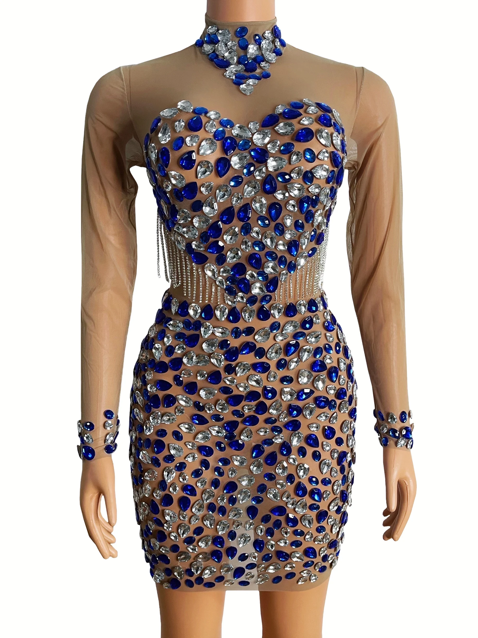 

Dancer Show Suit Sexy Dress Silver Blue Rhinestone Nude Transparent Dress Evening Dress