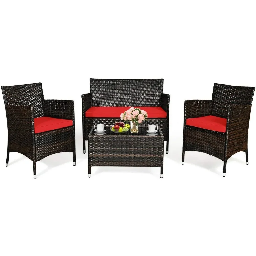 

4PCS Patio Furniture Set Outdoor Rattan Wicker Conversation Set with Cushioned Sofa and Coffee Table for Porch Backya