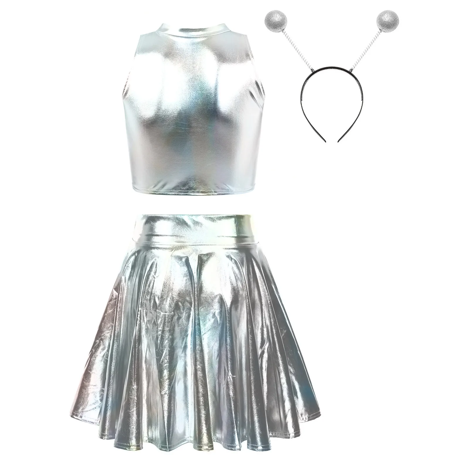 Womens Space Astronaut Cosplay Costume Metallic Shiny Sleeveless Crop Tank Top with Skirt Alien Hair Hoop Theme Party Clubwear