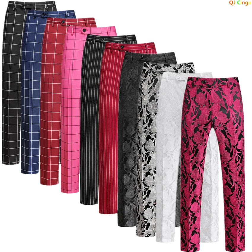 Red Slim Men\'s Pants, Wedding Party Dress Trousers, Striped/Checked Pant,White Black Red Silver Blue Pink Available