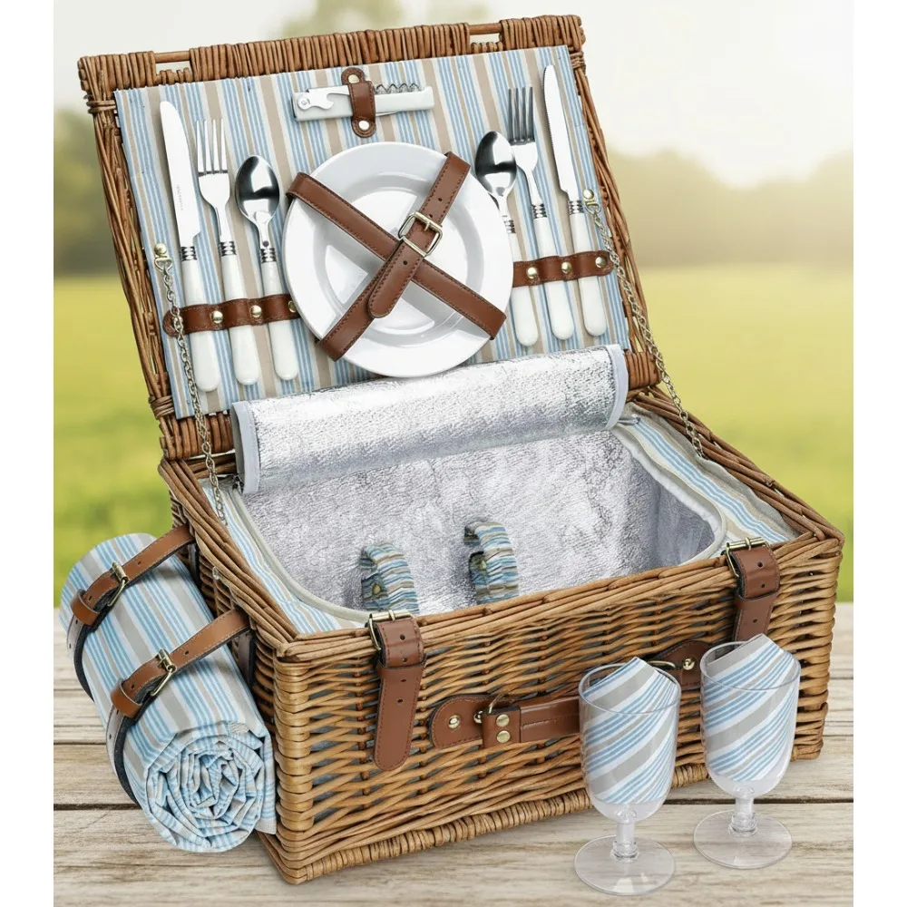 

Classic Brown Willow Picnic Basket Set for 2 Persons with Insulated Cooler, Waterproof Blanket & Cutlery Kit