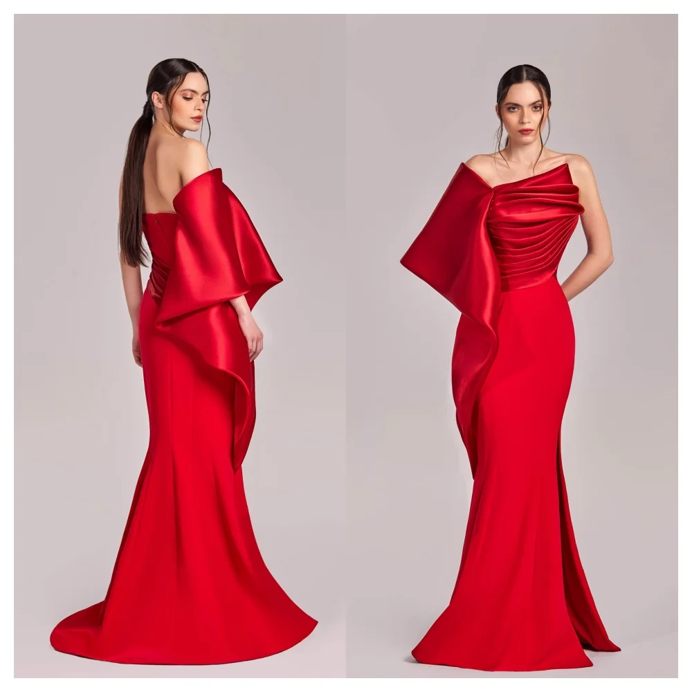 Maßgeschneidertes Meerjungfrau-Abendkleid aus modernem rotem Satin, modisches U-Boot-Ausschnitt, eine Schulter, ärmelloses Partykleid, klassisches Ballkleid