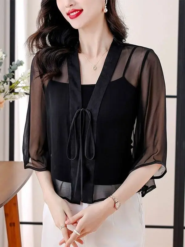 

Women's Cardigan Shawl Short Outerwear Thin Veil New Chinese Style National Trend Half Sleeve Ice Silk Snowflake Sunscreen Cl...