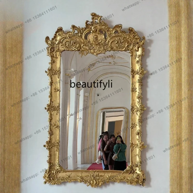 D30 French Retro Hotel Lobby Wall-Mounted Mirror European Style Dining Side Mirror Entrance Carved Decorative Mirror