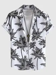 2024 Men's Tropical Print Hawaiian Summer Beach Vacation Set Plant Coconut Tree Short Sleeve T- Shirt 4-Way Stretch Fabric Shirt