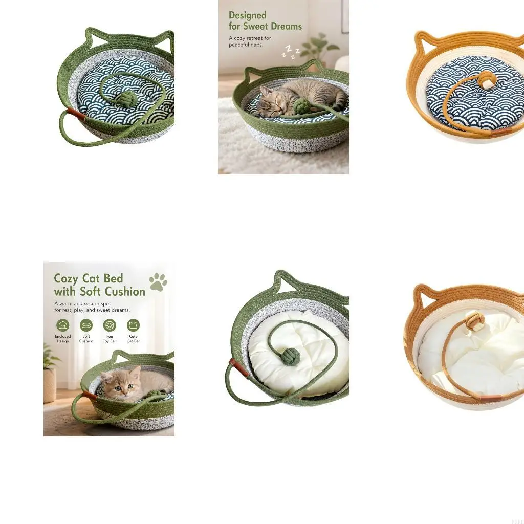 Open Entry Pet Bed with Sleep Pad and Hanging Rope Ball, Cotton Rope Basket for Daily Use, Round Form Basket Detail KXRE