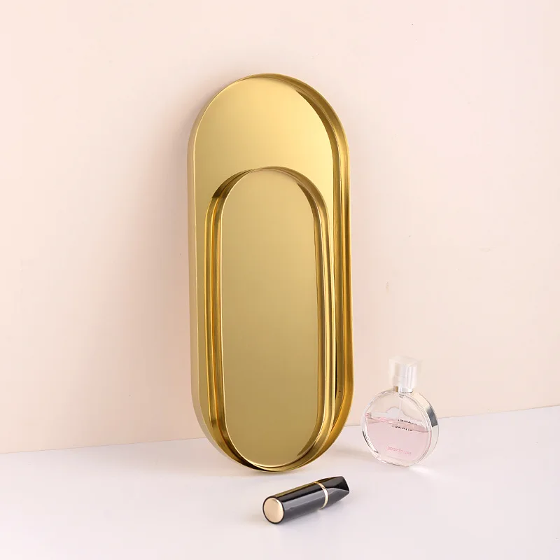 Golden Stroke Oval Tray Nordic Modern Electroplating Process Metal Jewelry Cosmetic Storage Tray Living Room Decoration