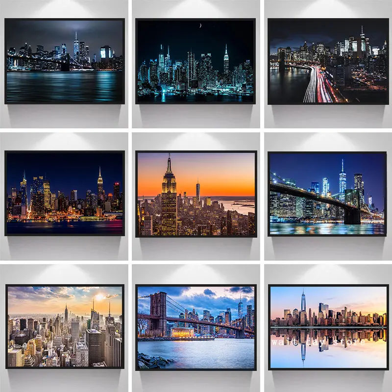 New York Skyline View Canvas Paintings on The Wall Art Posters and Prints Manhattan Bridge Landscape Night Pictures Home Decor