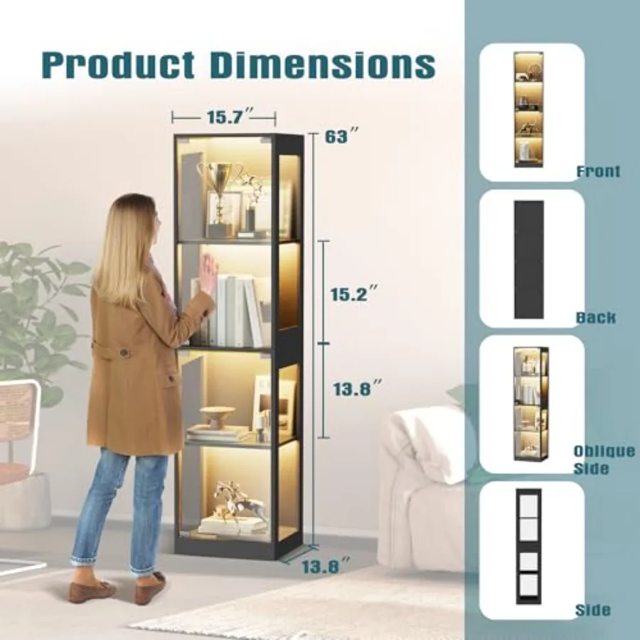 Glass display cabinet with RGB lights for living room and playroom: 4-tier curio shelf with transparent glass doors, ideal for view 2