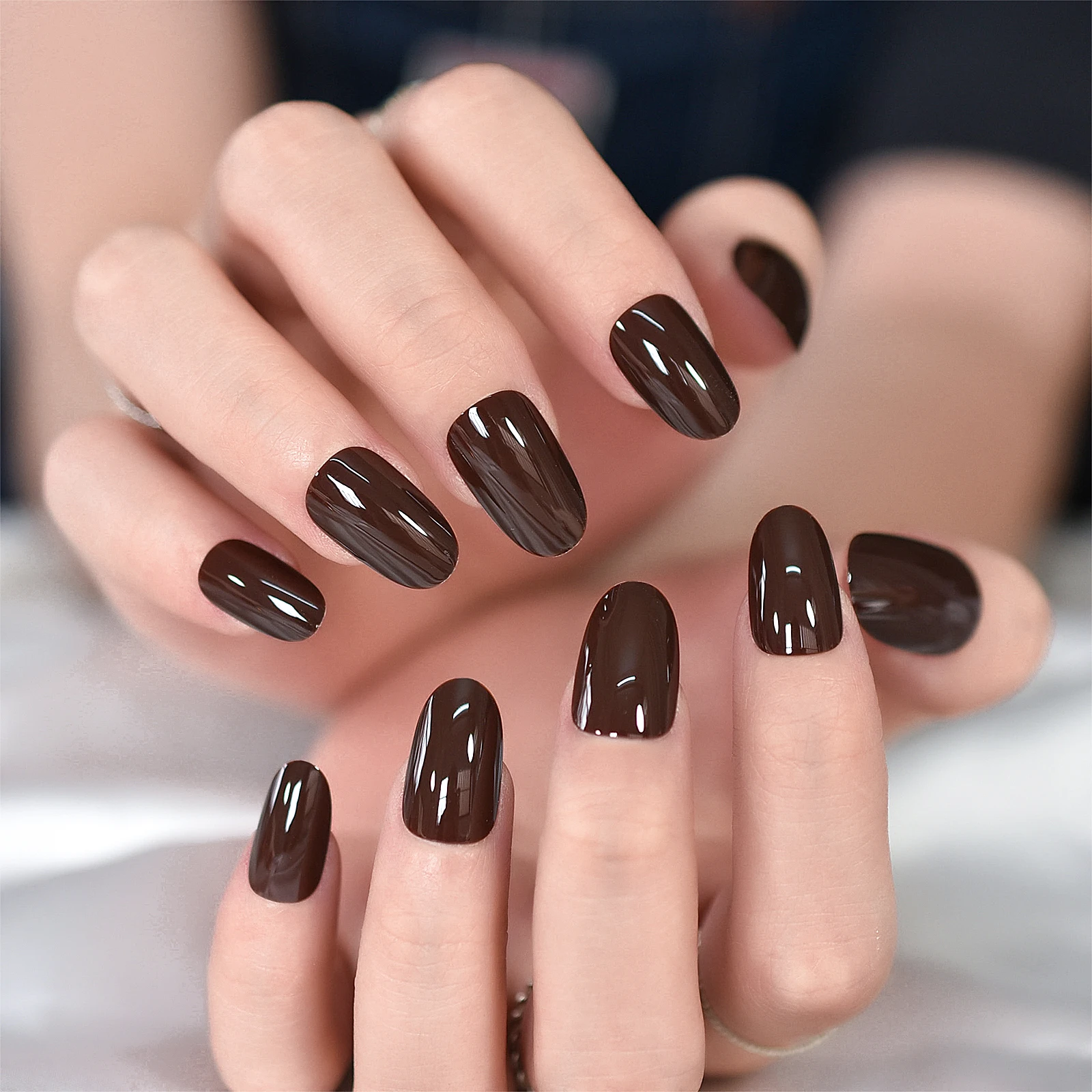 Medium Oval Fingernails Glossy Solid Color Press On Nail Tips Fake Nails Art Pure Balck Brown Color  False Nails For Outdoor