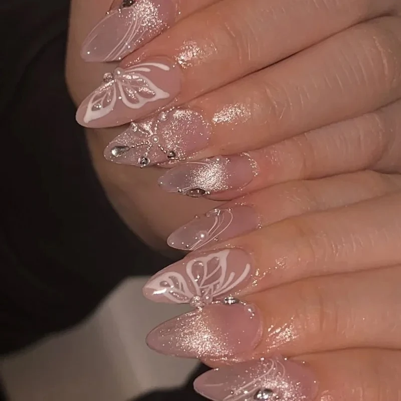 

Pink White Butterfly Glitter Powder Rhinestone Long Pointed False Nails Art Cat Eye Almond Fake Nails Pearlescent Press on Nails